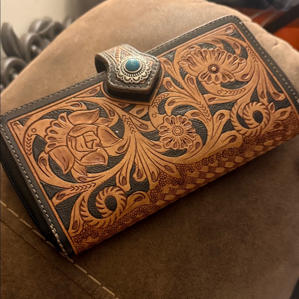 Myra Bag Tooled Floral Wallet in Tan and Black